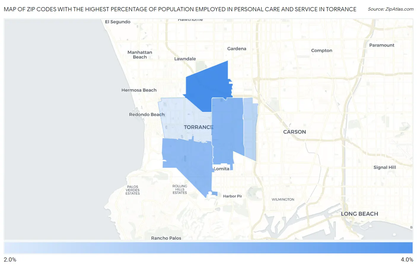 Zip Codes with the Highest Percentage of Population Employed in Personal Care and Service in Torrance Map