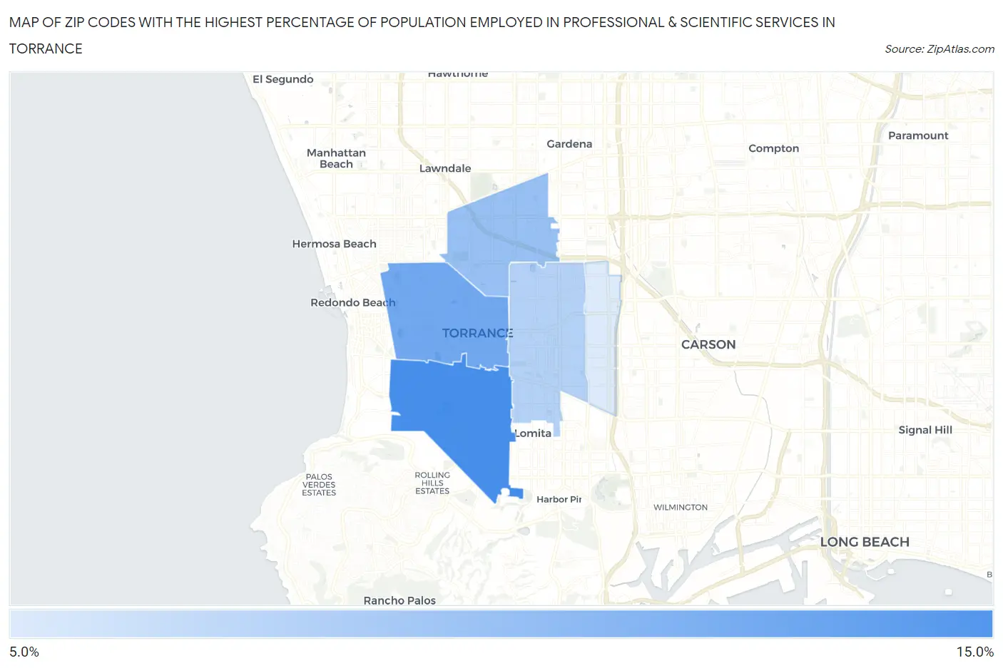 Zip Codes with the Highest Percentage of Population Employed in Professional & Scientific Services in Torrance Map