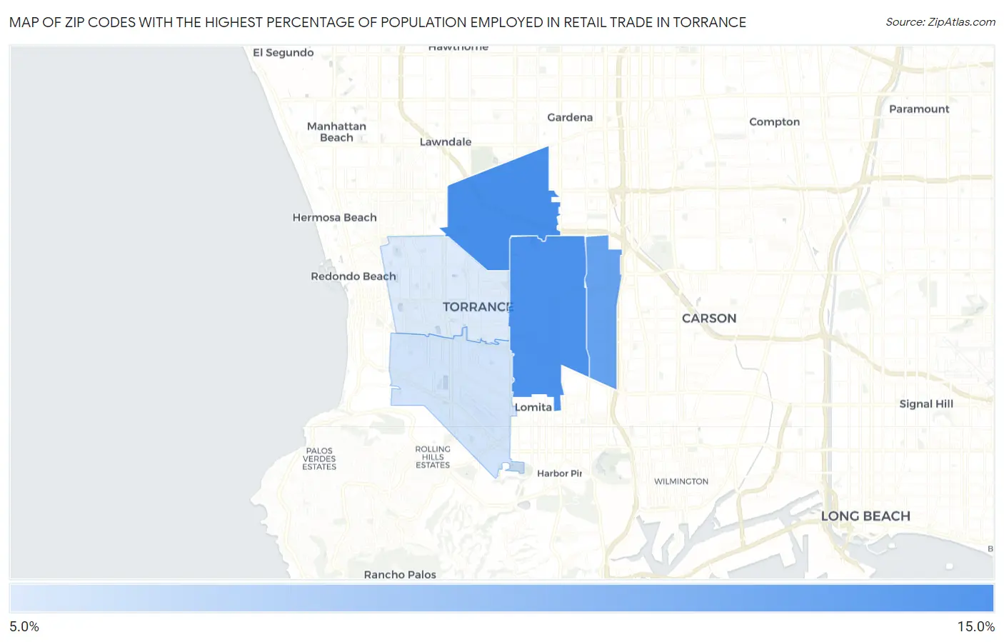 Zip Codes with the Highest Percentage of Population Employed in Retail Trade in Torrance Map