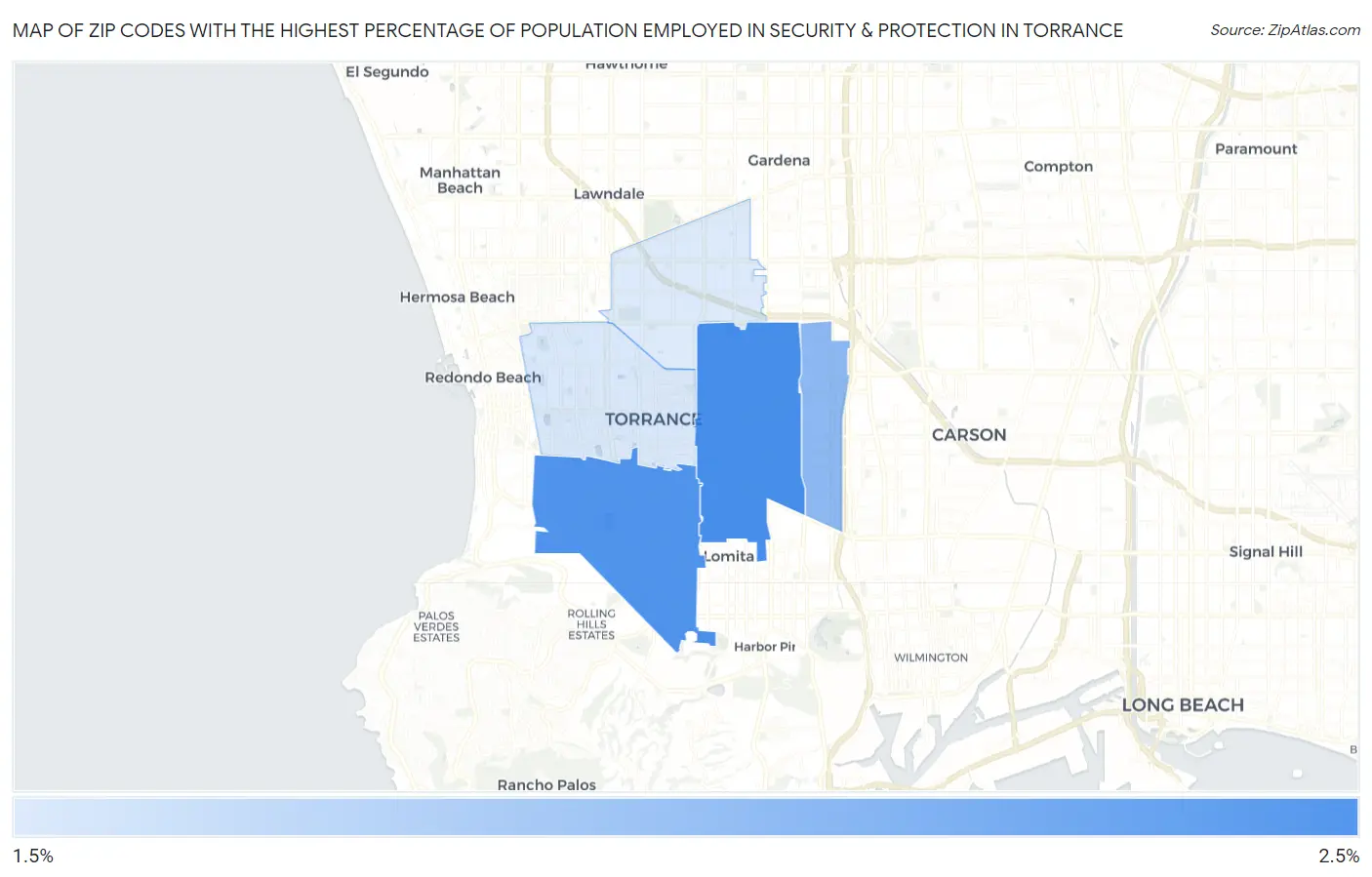 Zip Codes with the Highest Percentage of Population Employed in Security & Protection in Torrance Map