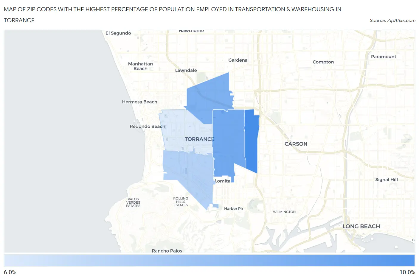 Zip Codes with the Highest Percentage of Population Employed in Transportation & Warehousing in Torrance Map