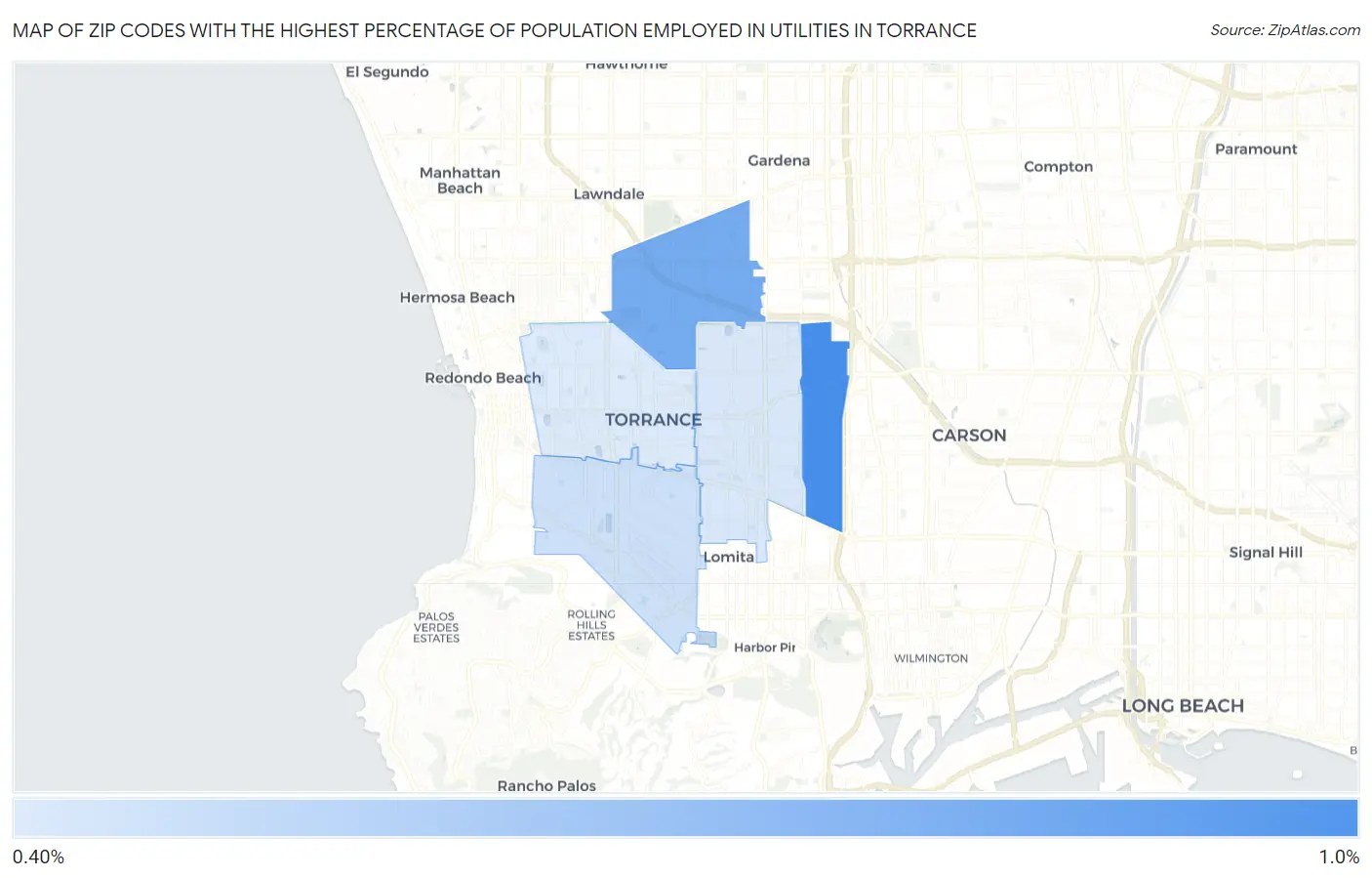 Zip Codes with the Highest Percentage of Population Employed in Utilities in Torrance Map