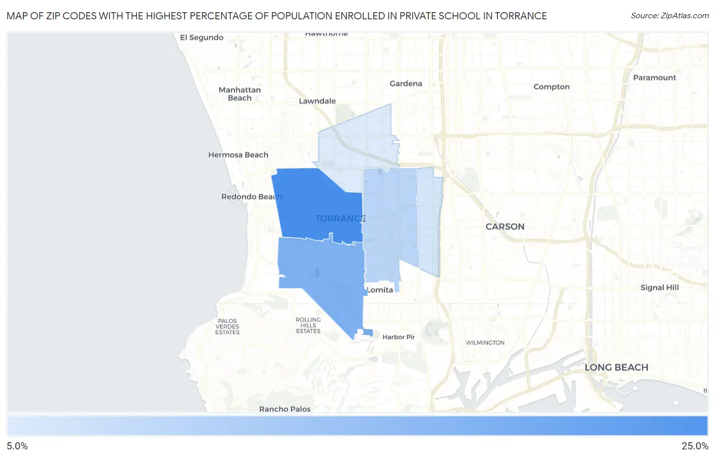 Zip Codes with the Highest Percentage of Population Enrolled in Private School in Torrance Map
