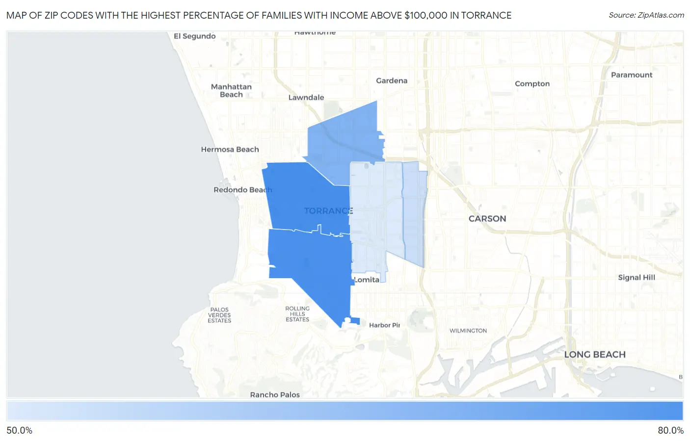 Zip Codes with the Highest Percentage of Families with Income Above $100,000 in Torrance Map