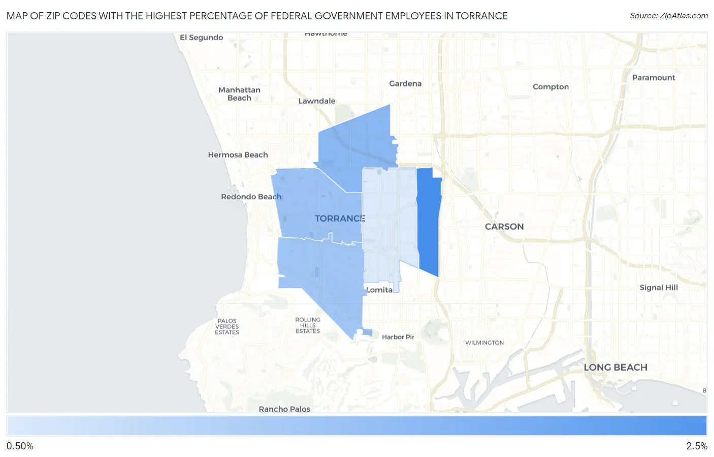 Zip Codes with the Highest Percentage of Federal Government Employees in Torrance Map