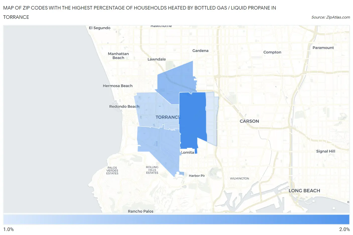 Zip Codes with the Highest Percentage of Households Heated by Bottled Gas / Liquid Propane in Torrance Map