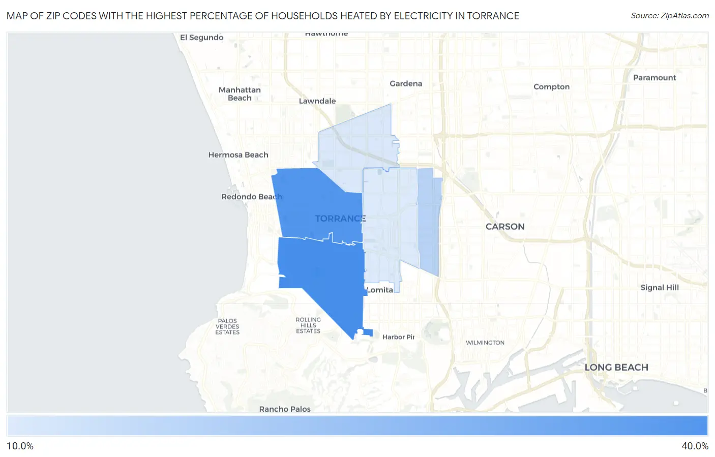 Zip Codes with the Highest Percentage of Households Heated by Electricity in Torrance Map