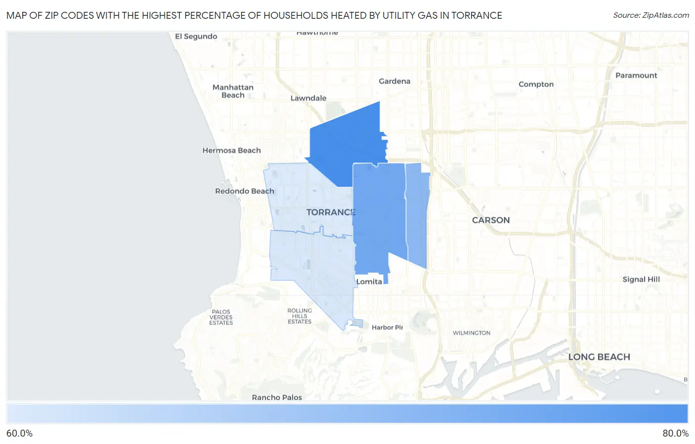 Zip Codes with the Highest Percentage of Households Heated by Utility Gas in Torrance Map