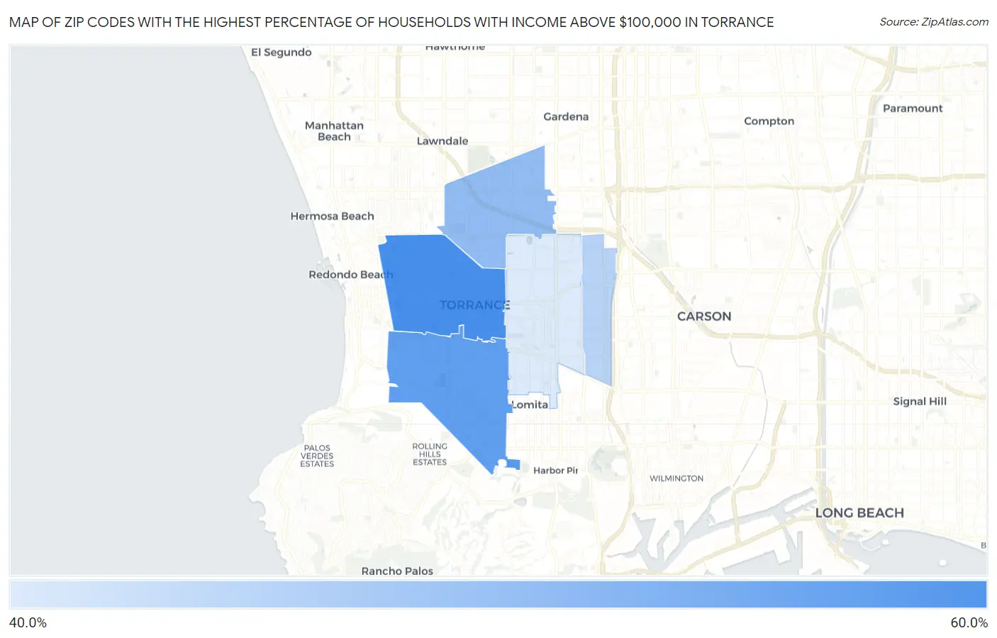 Zip Codes with the Highest Percentage of Households with Income Above $100,000 in Torrance Map