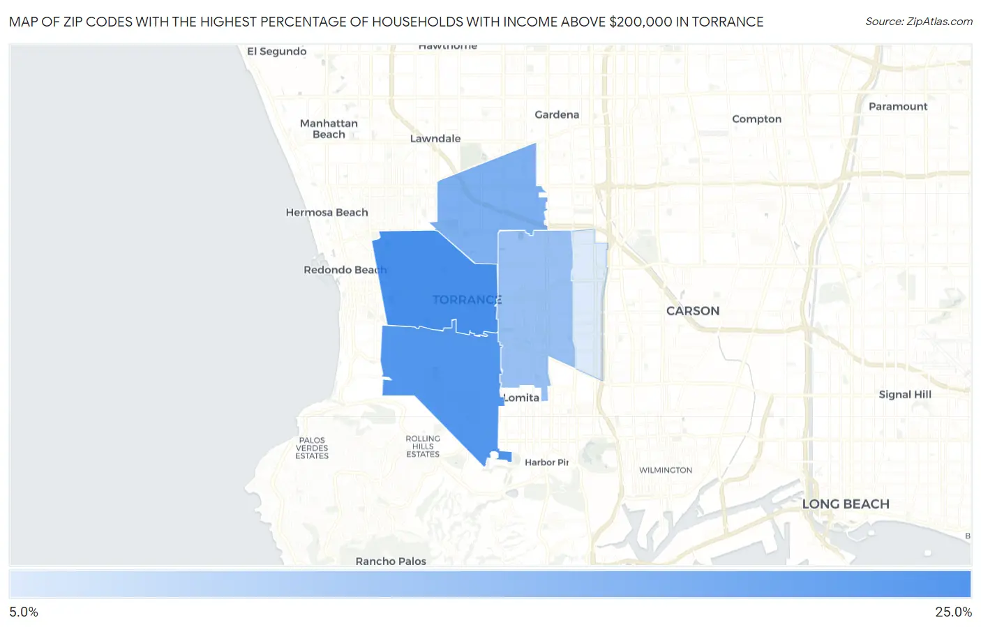 Zip Codes with the Highest Percentage of Households with Income Above $200,000 in Torrance Map