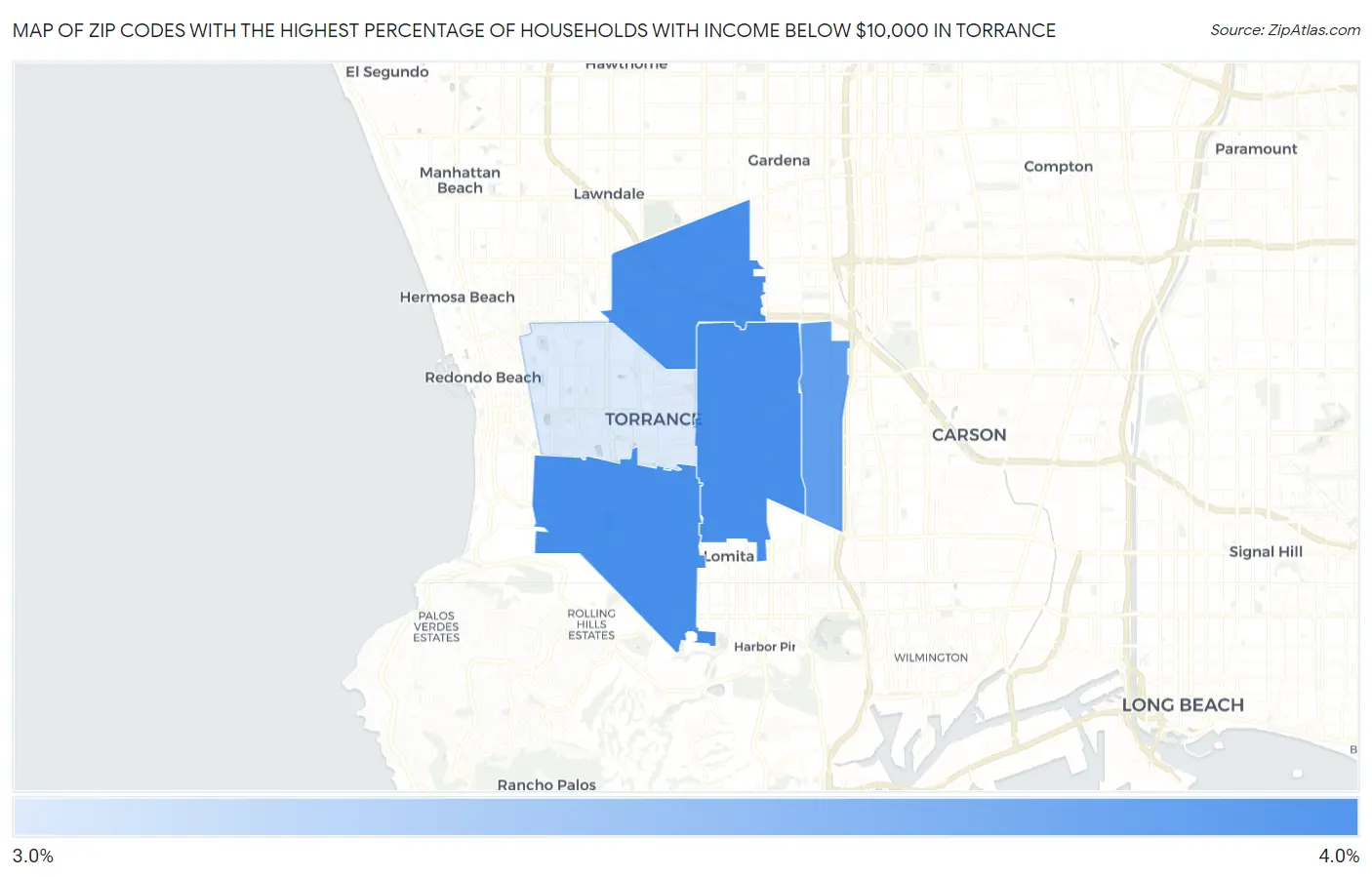 Zip Codes with the Highest Percentage of Households with Income Below $10,000 in Torrance Map