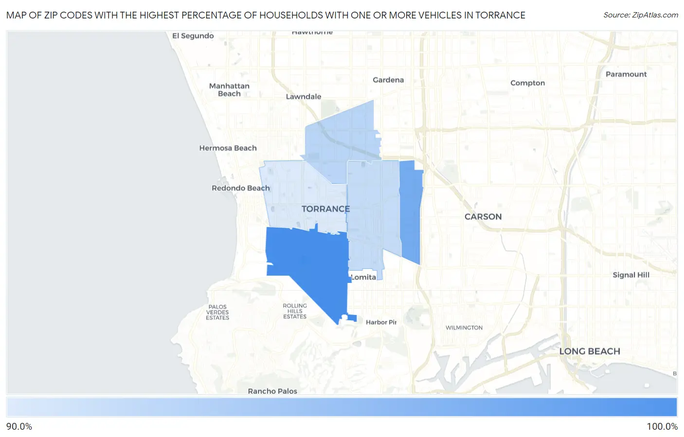 Zip Codes with the Highest Percentage of Households With One or more Vehicles in Torrance Map