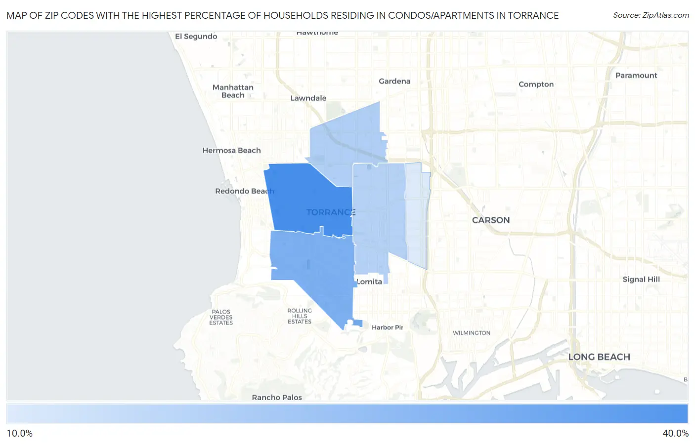 Zip Codes with the Highest Percentage of Households Residing in Condos/Apartments in Torrance Map