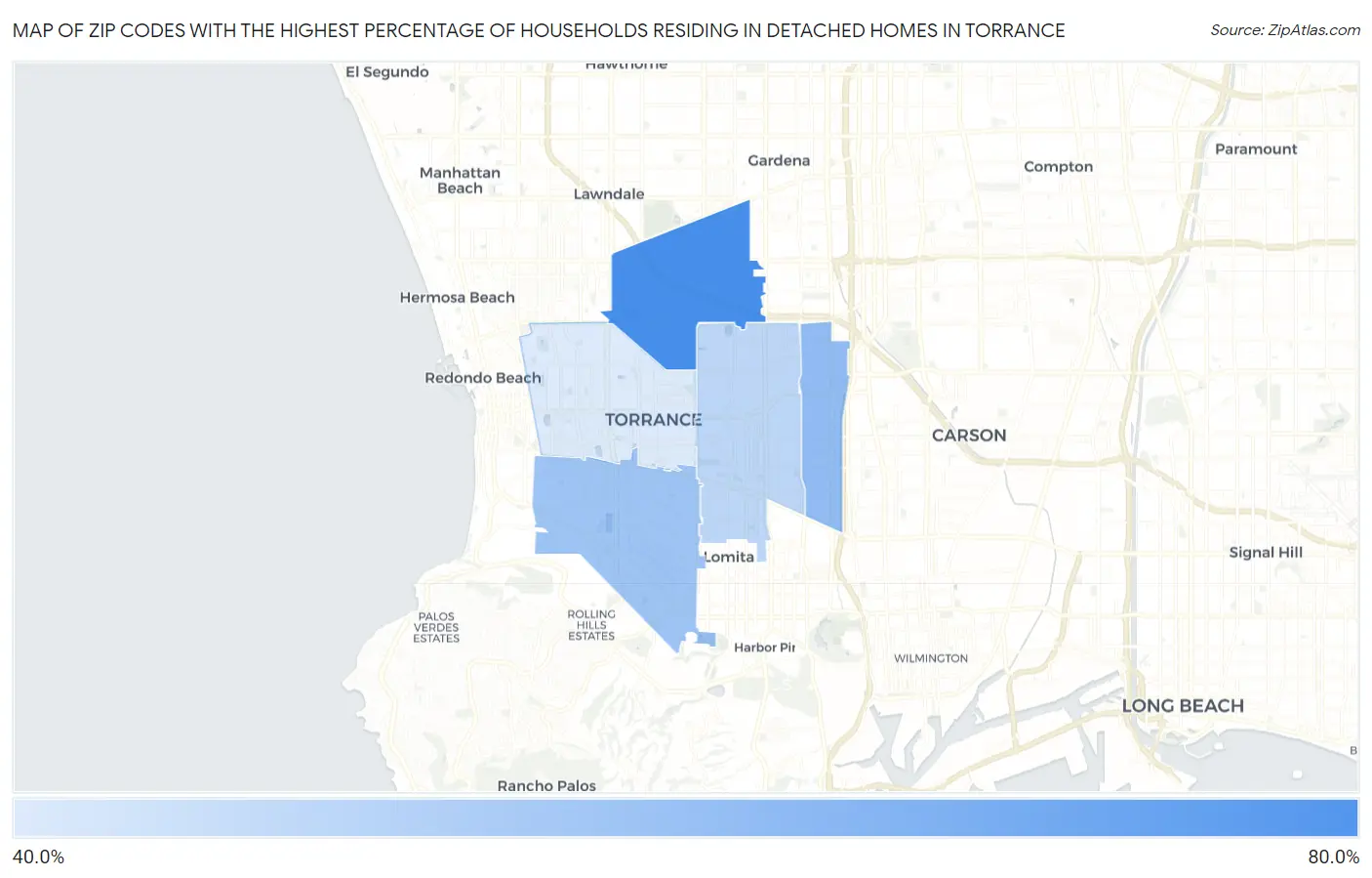 Zip Codes with the Highest Percentage of Households Residing in Detached Homes in Torrance Map