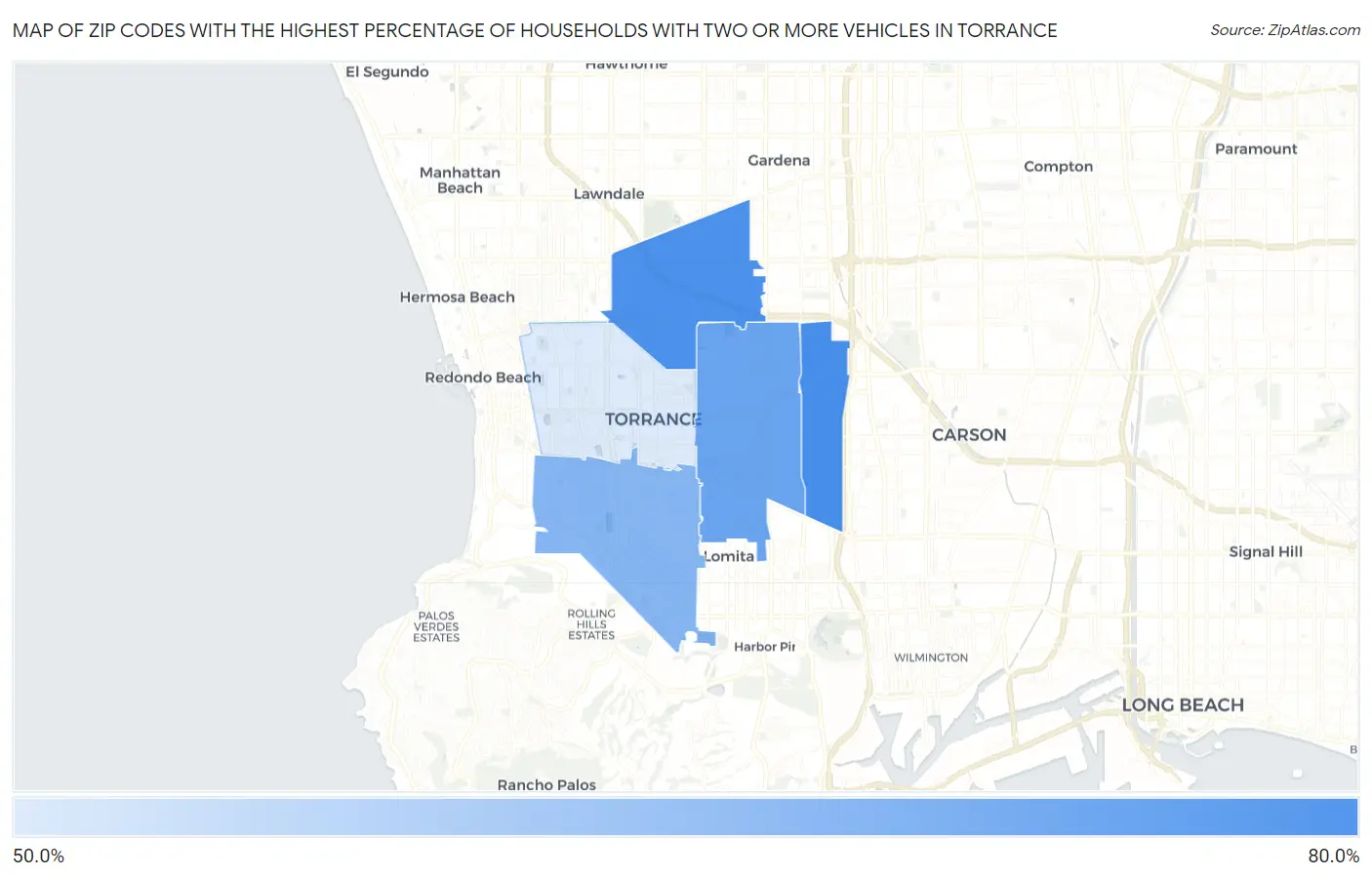 Zip Codes with the Highest Percentage of Households With Two or more Vehicles in Torrance Map