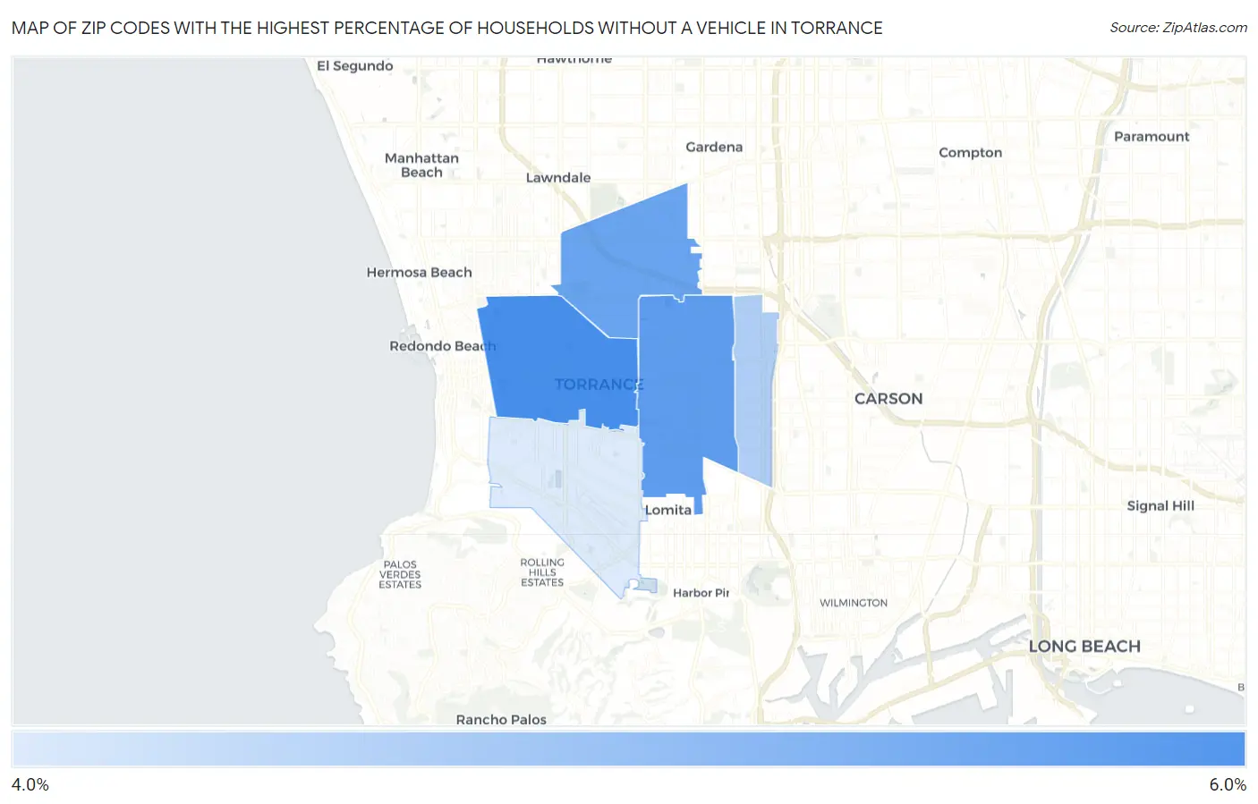 Zip Codes with the Highest Percentage of Households Without a Vehicle in Torrance Map