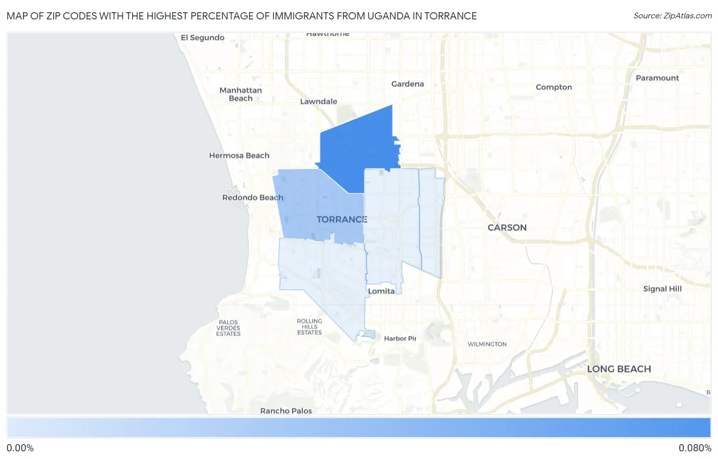 Zip Codes with the Highest Percentage of Immigrants from Uganda in Torrance Map