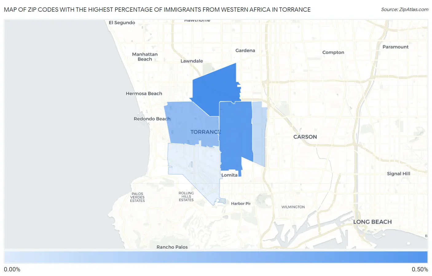 Zip Codes with the Highest Percentage of Immigrants from Western Africa in Torrance Map