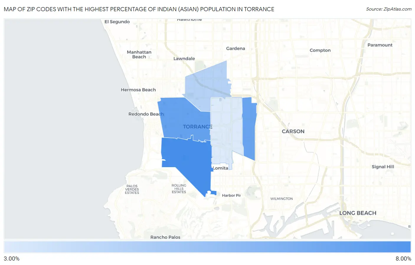 Zip Codes with the Highest Percentage of Indian (Asian) Population in Torrance Map
