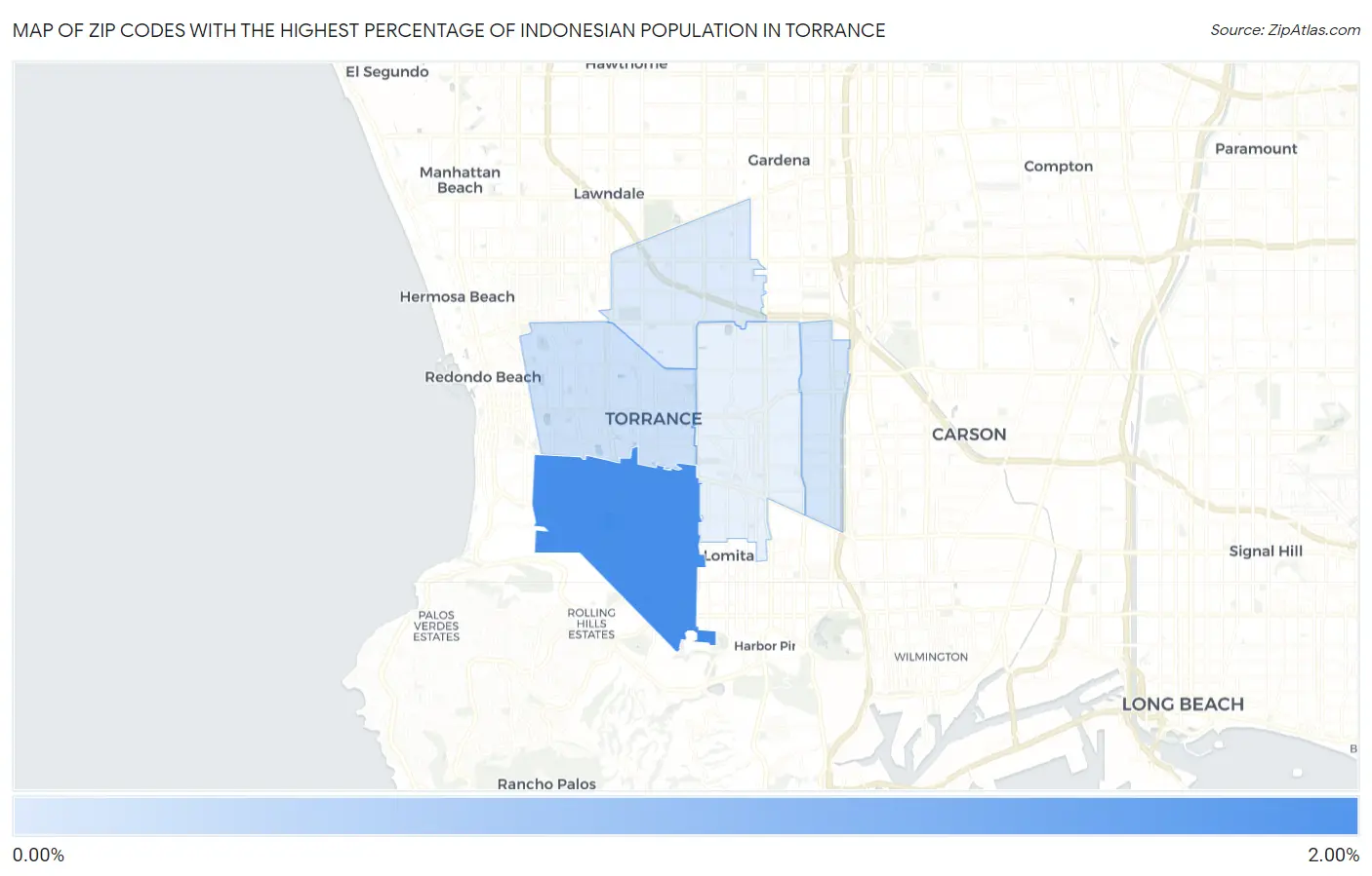 Zip Codes with the Highest Percentage of Indonesian Population in Torrance Map