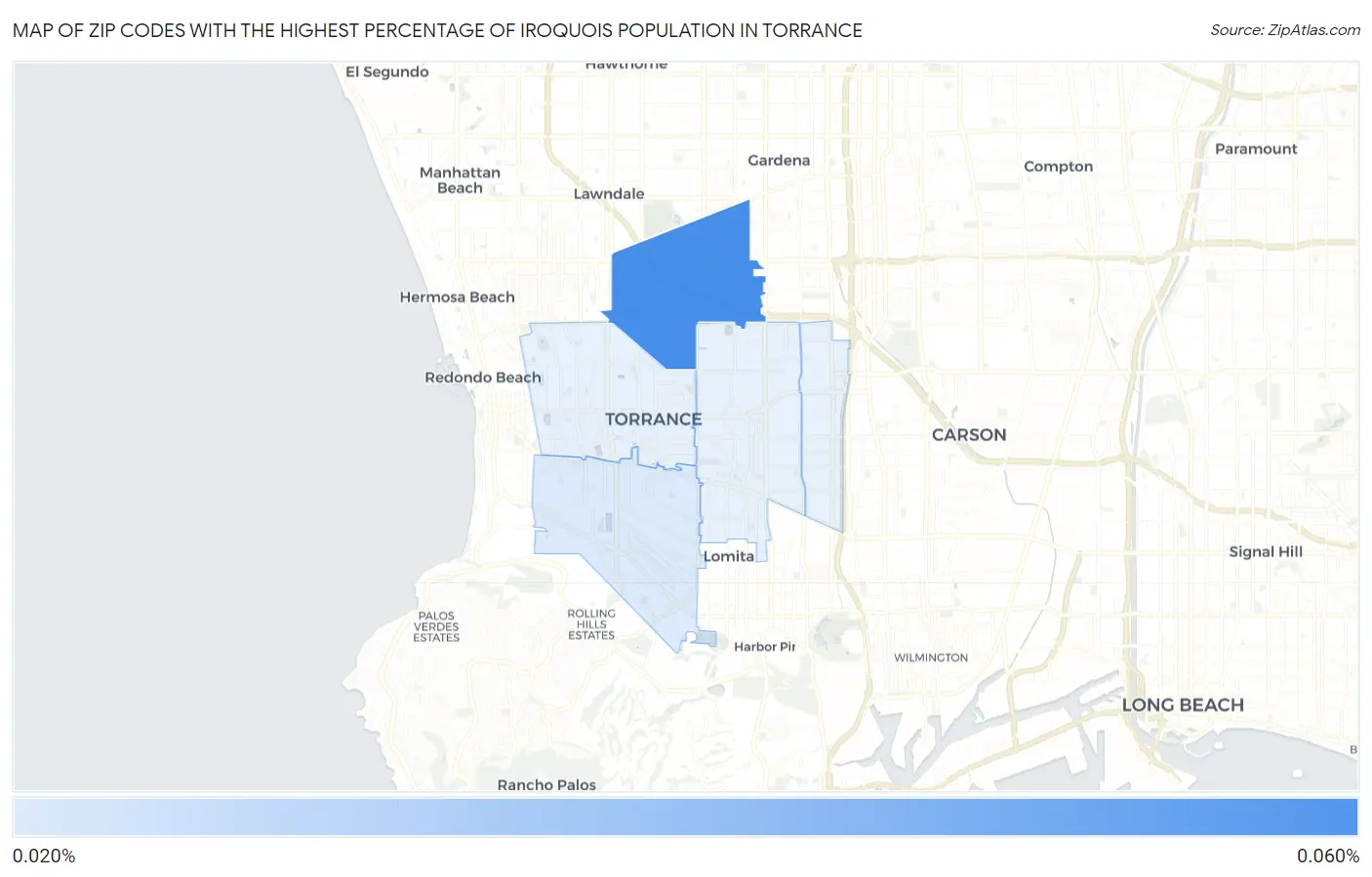 Zip Codes with the Highest Percentage of Iroquois Population in Torrance Map