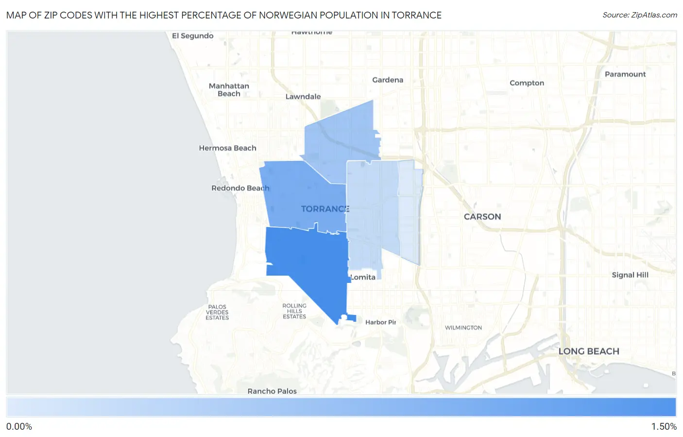 Zip Codes with the Highest Percentage of Norwegian Population in Torrance Map