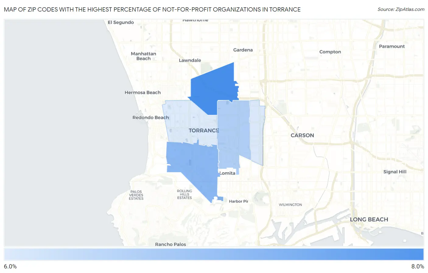 Zip Codes with the Highest Percentage of Not-for-profit Organizations in Torrance Map