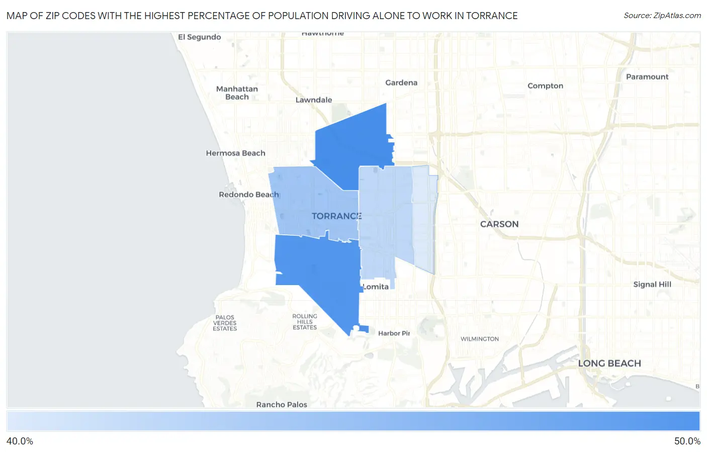 Zip Codes with the Highest Percentage of Population Driving Alone to Work in Torrance Map