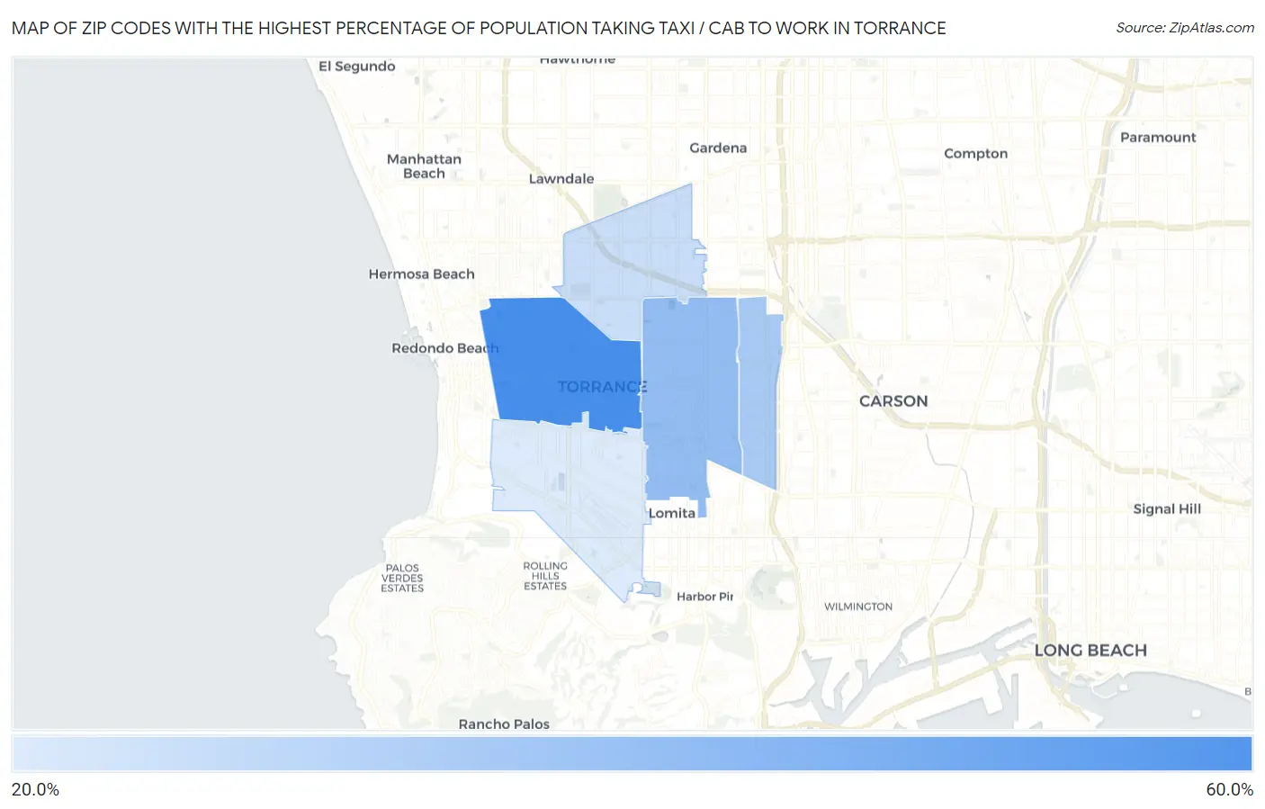 Zip Codes with the Highest Percentage of Population Taking Taxi / Cab to Work in Torrance Map