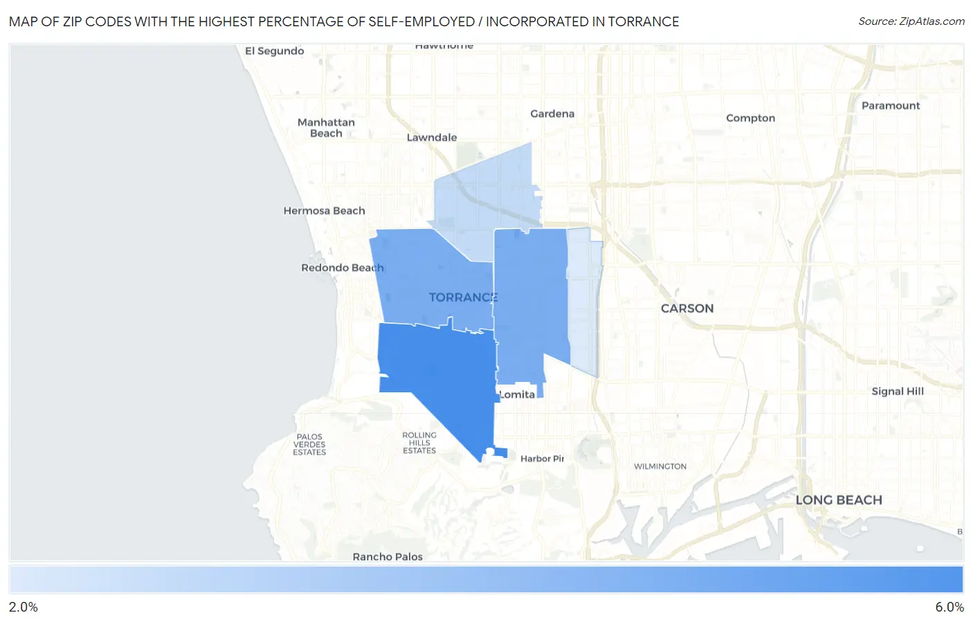 Zip Codes with the Highest Percentage of Self-Employed / Incorporated in Torrance Map
