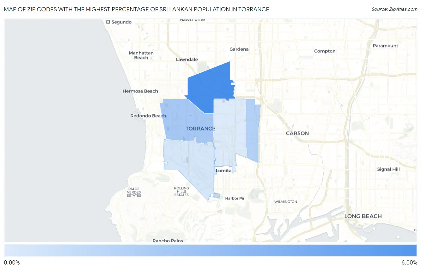 Zip Codes with the Highest Percentage of Sri Lankan Population in Torrance Map
