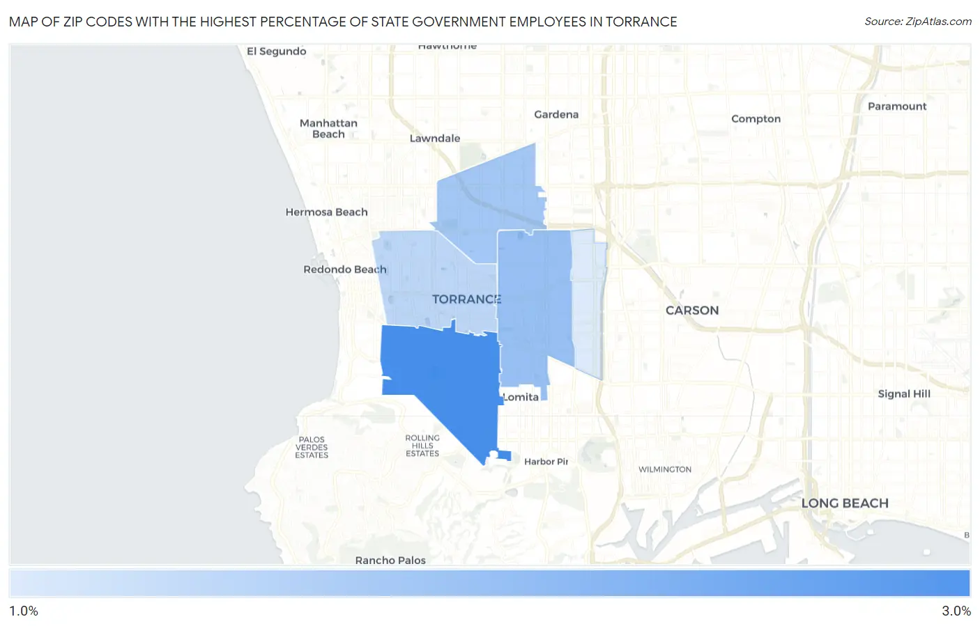 Zip Codes with the Highest Percentage of State Government Employees in Torrance Map