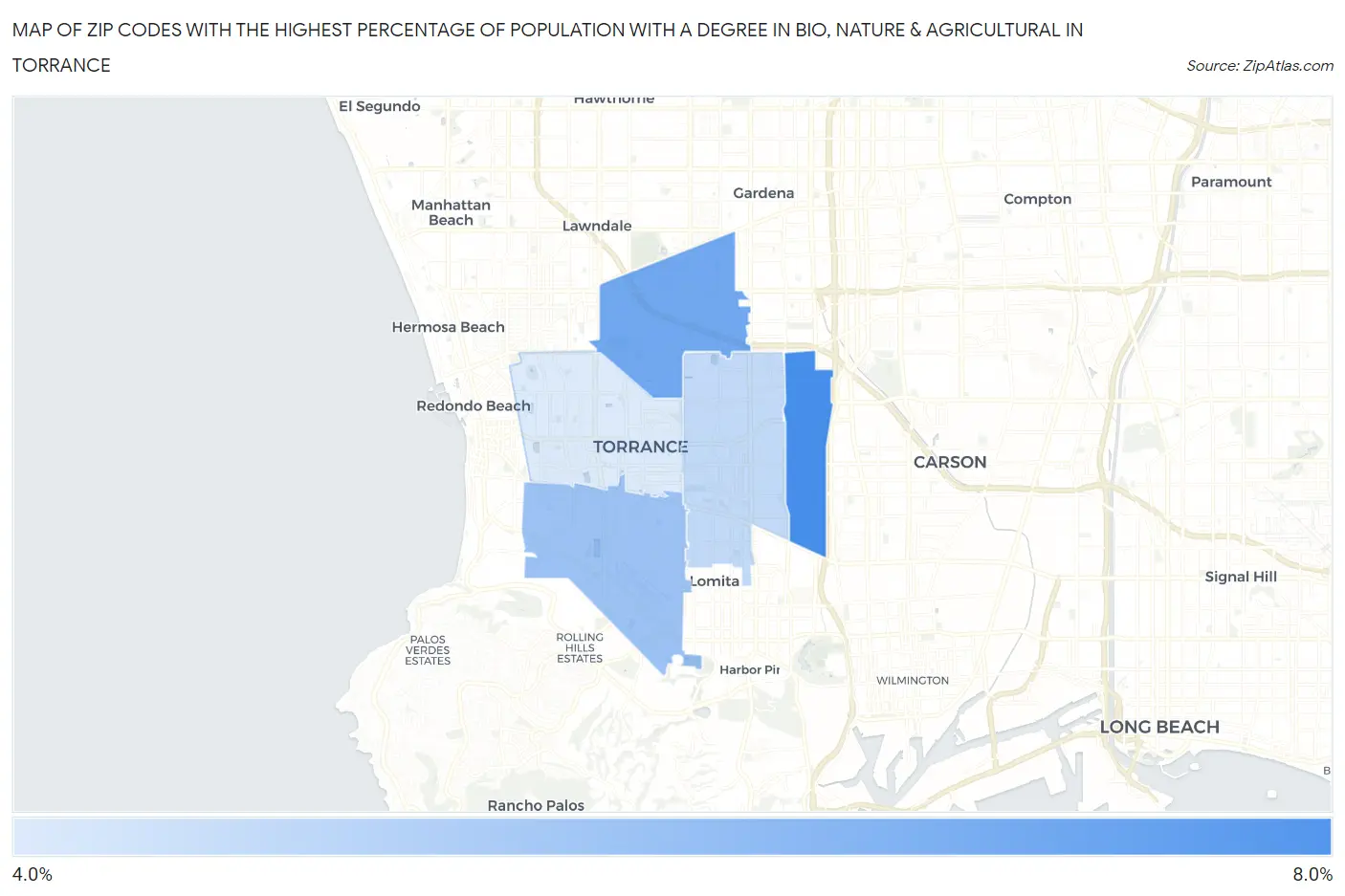 Zip Codes with the Highest Percentage of Population with a Degree in Bio, Nature & Agricultural in Torrance Map