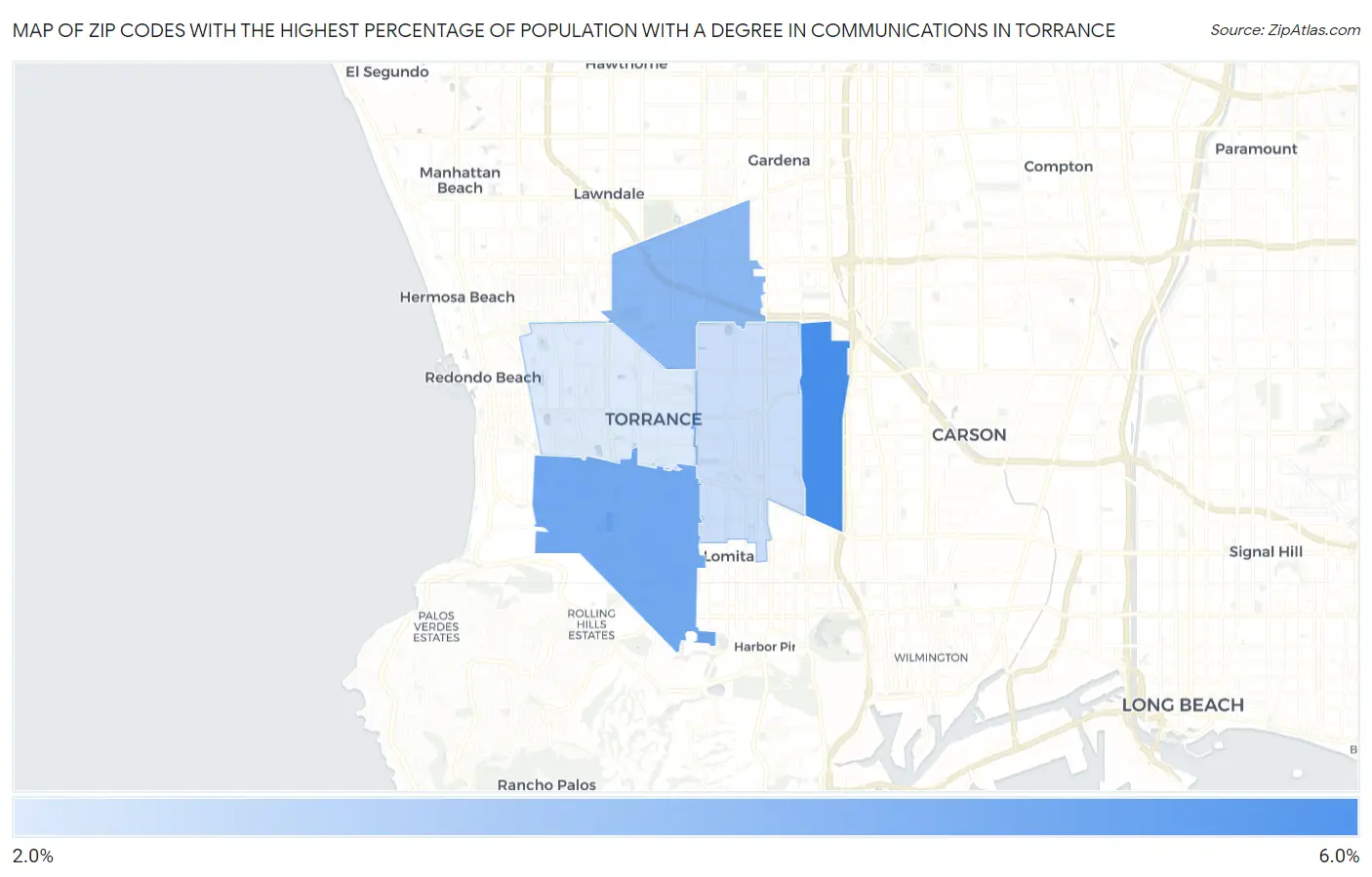 Zip Codes with the Highest Percentage of Population with a Degree in Communications in Torrance Map