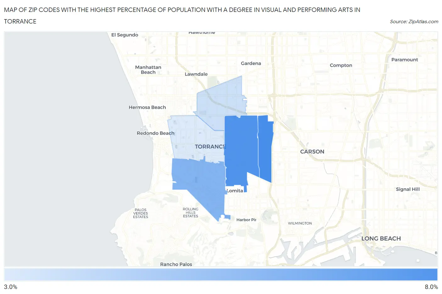 Zip Codes with the Highest Percentage of Population with a Degree in Visual and Performing Arts in Torrance Map