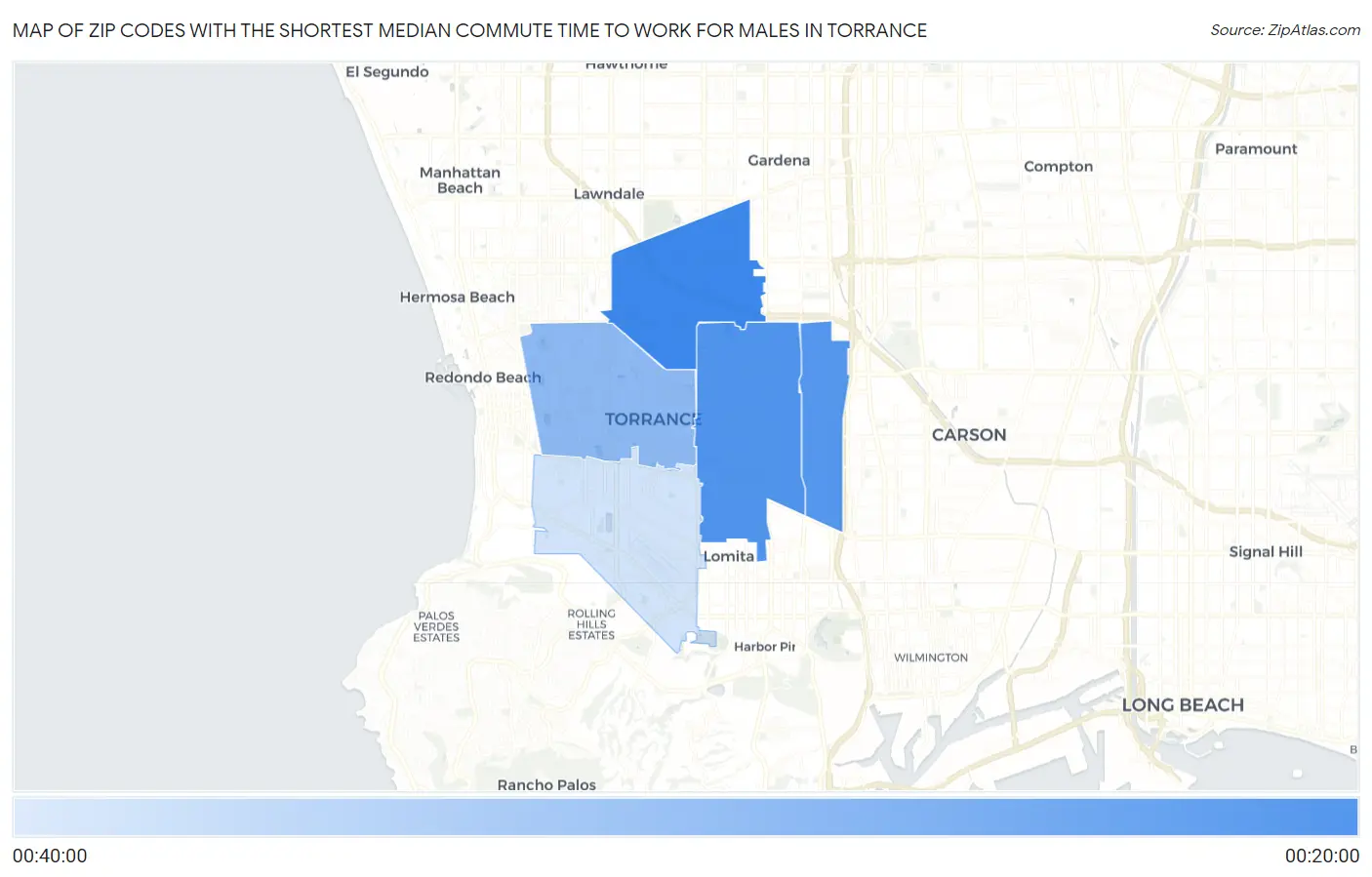 Zip Codes with the Shortest Median Commute Time to Work for Males in Torrance Map