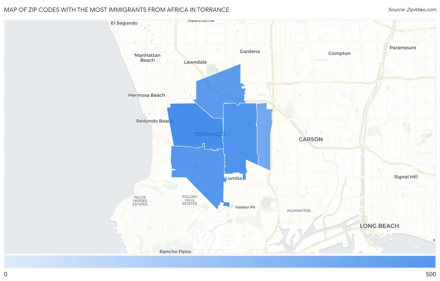Zip Codes with the Most Immigrants from Africa in Torrance Map