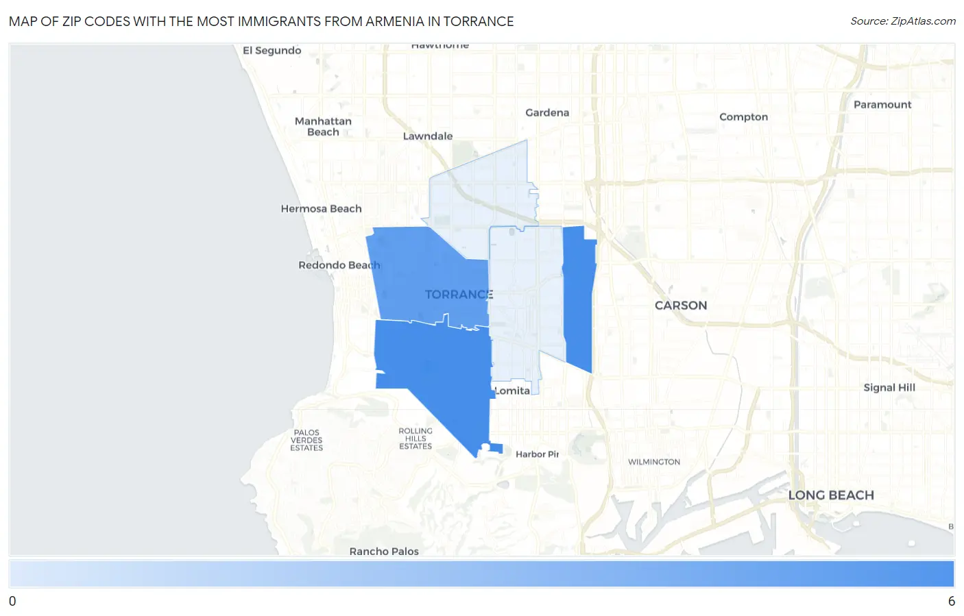 Zip Codes with the Most Immigrants from Armenia in Torrance Map