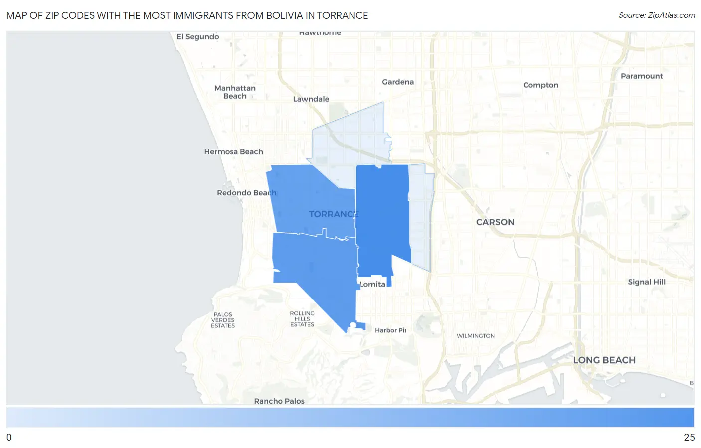Zip Codes with the Most Immigrants from Bolivia in Torrance Map