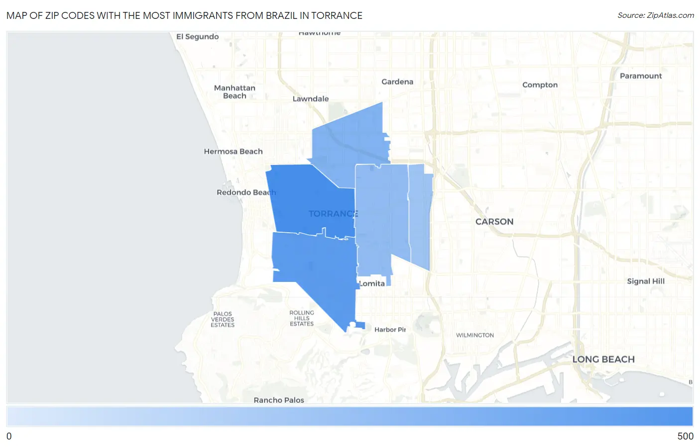 Zip Codes with the Most Immigrants from Brazil in Torrance Map