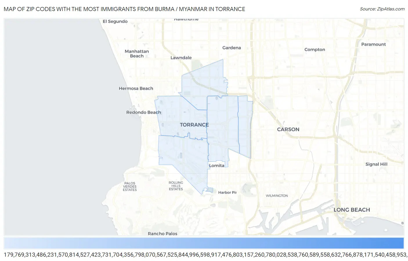 Zip Codes with the Most Immigrants from Burma / Myanmar in Torrance Map