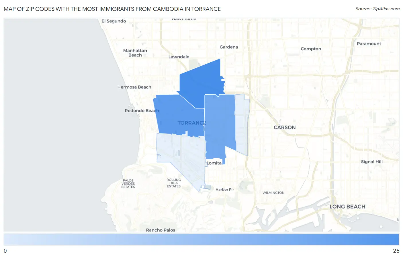 Zip Codes with the Most Immigrants from Cambodia in Torrance Map