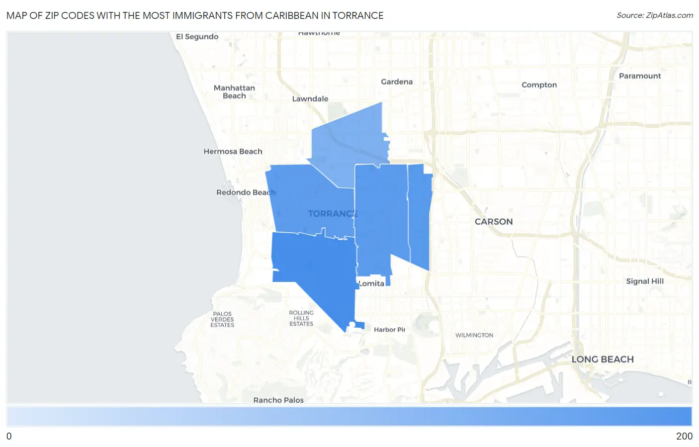 Zip Codes with the Most Immigrants from Caribbean in Torrance Map
