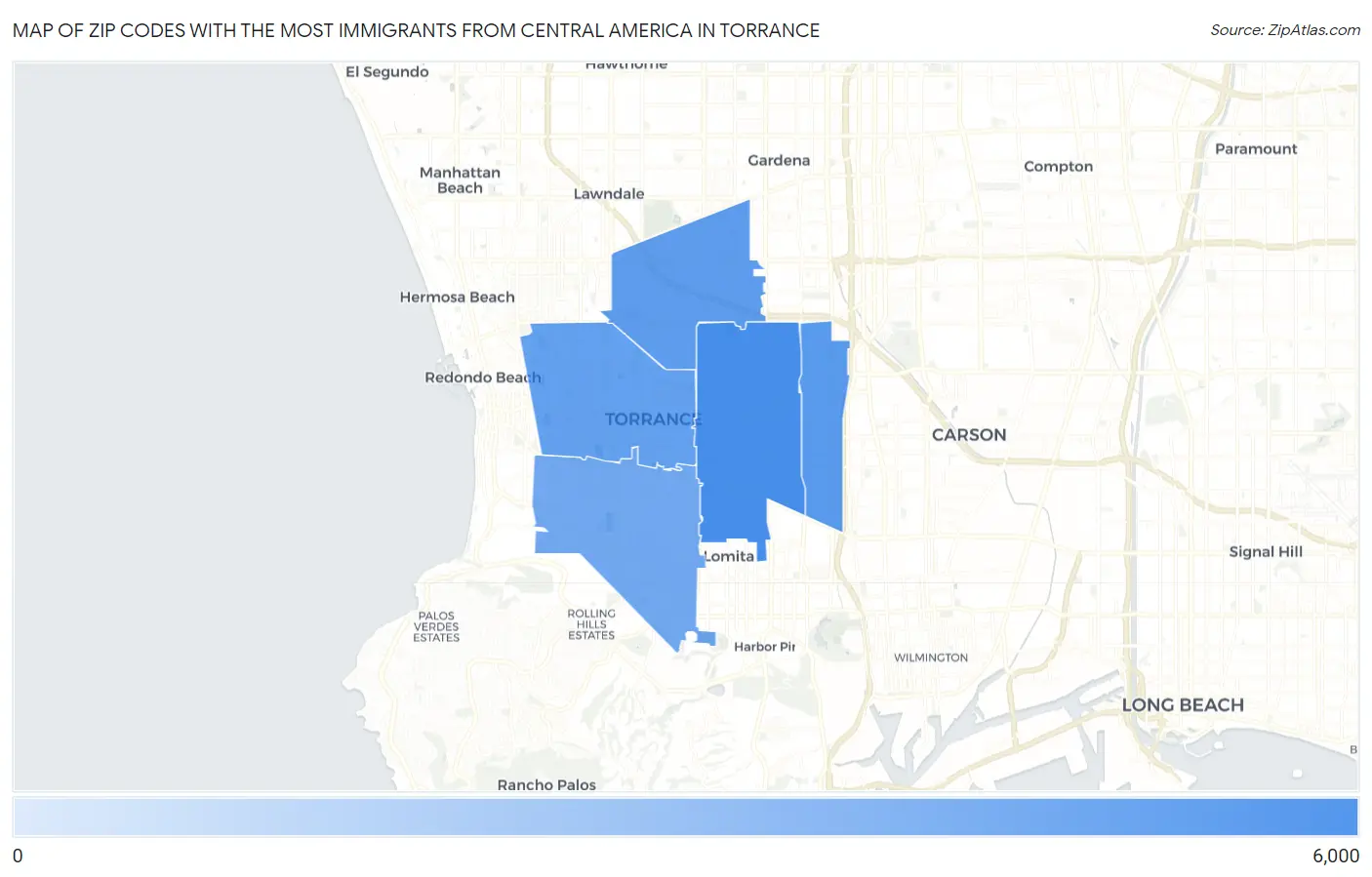 Zip Codes with the Most Immigrants from Central America in Torrance Map