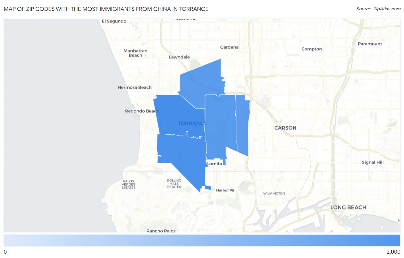 Zip Codes with the Most Immigrants from China in Torrance Map
