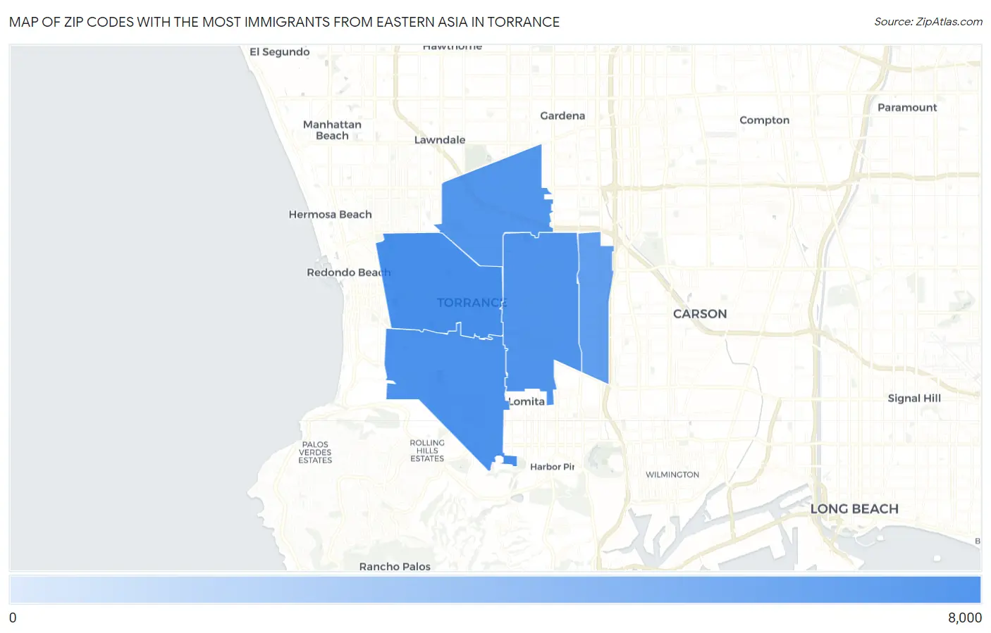 Zip Codes with the Most Immigrants from Eastern Asia in Torrance Map