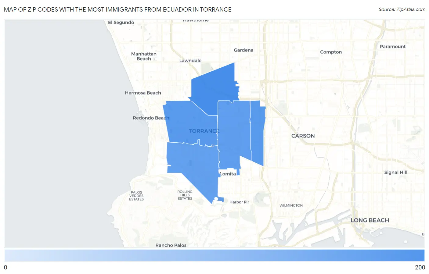 Zip Codes with the Most Immigrants from Ecuador in Torrance Map