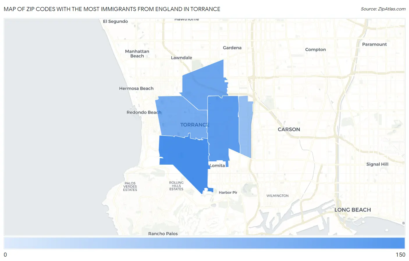 Zip Codes with the Most Immigrants from England in Torrance Map