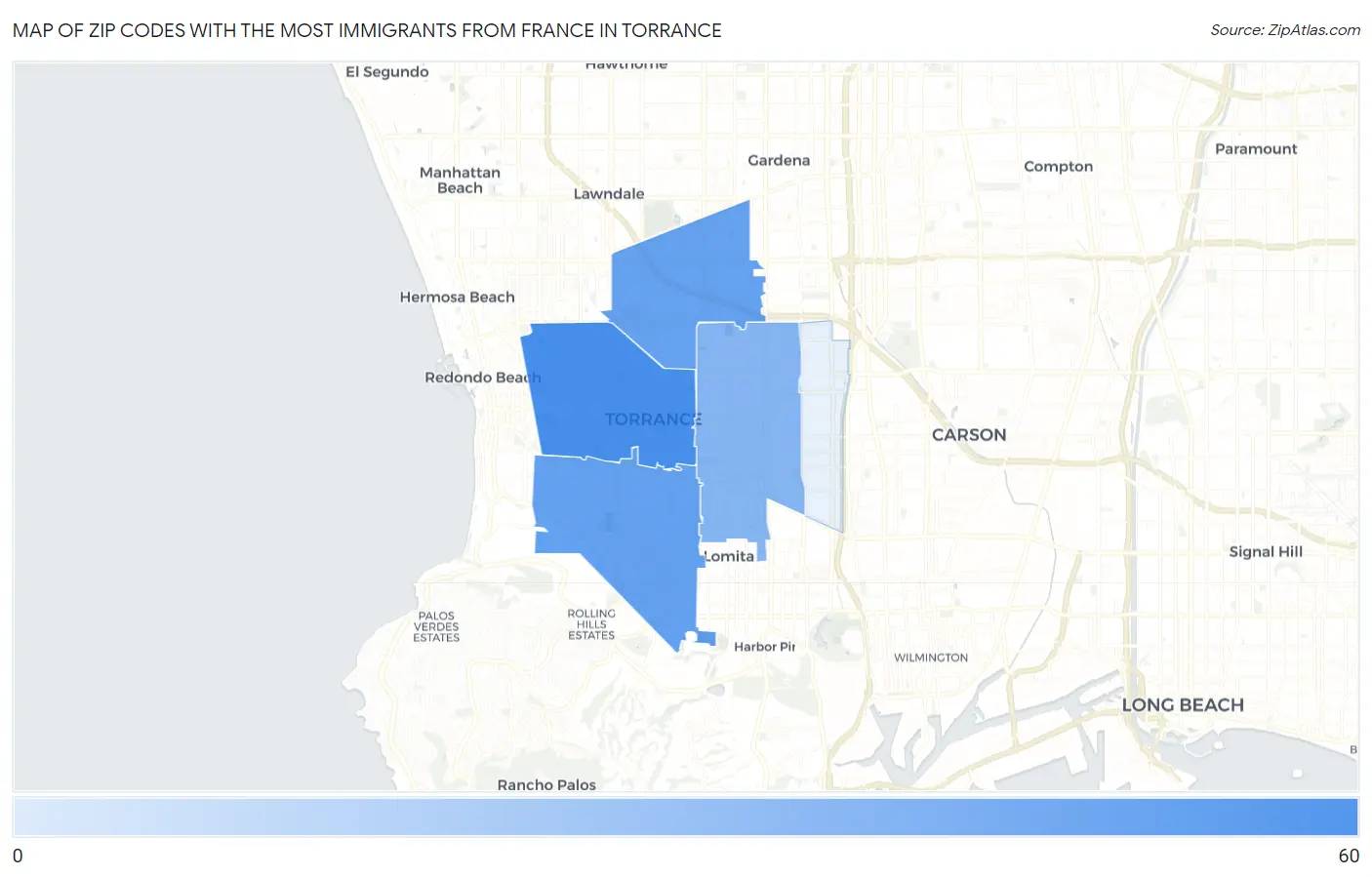 Zip Codes with the Most Immigrants from France in Torrance Map