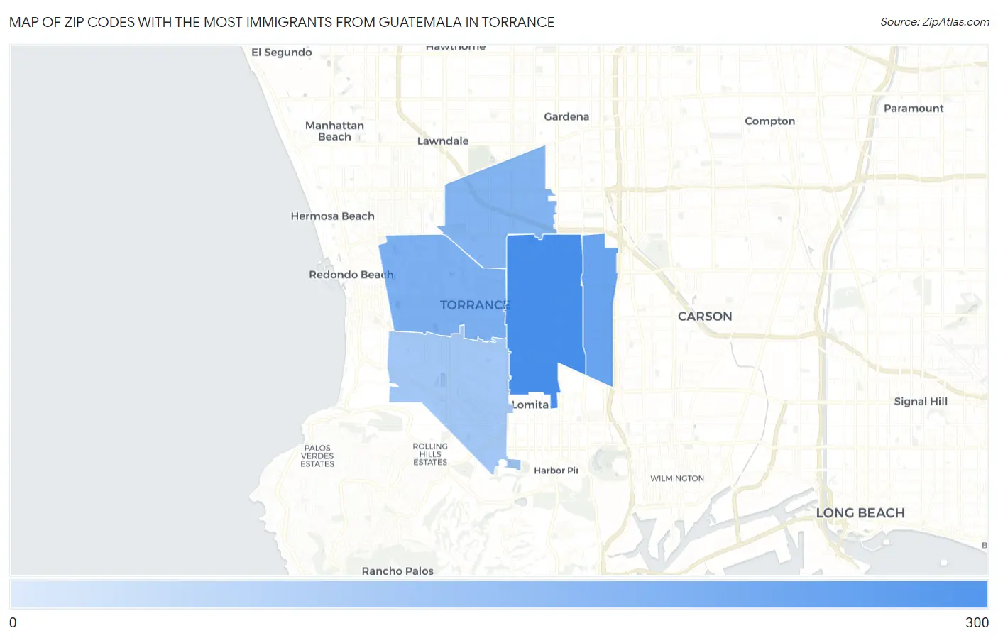 Zip Codes with the Most Immigrants from Guatemala in Torrance Map